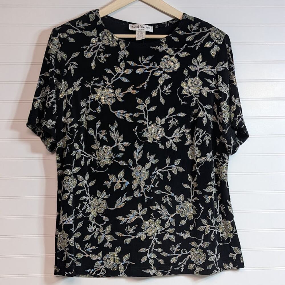 Vtg Glitter Sparkly floral blouse 2XL Made in USA Ronni Nicole II flowercore